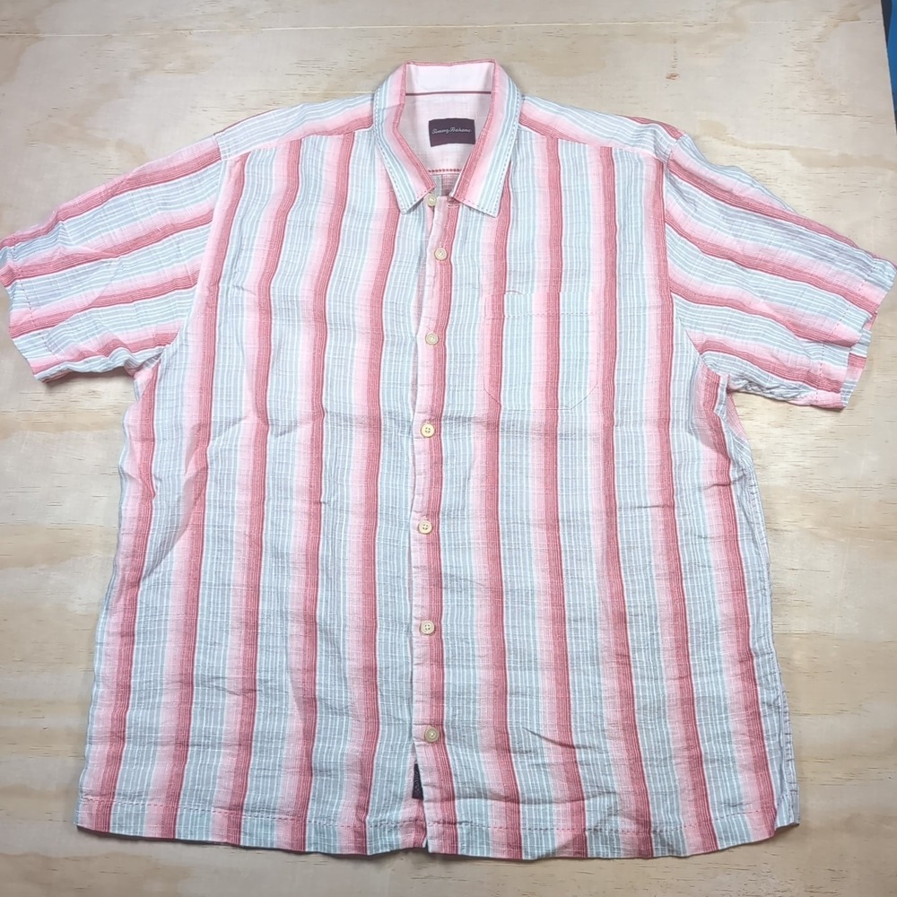 Tommy Bahama Shirt Mens XXL 2XL Pink Striped Linen Button Up Camp Beach